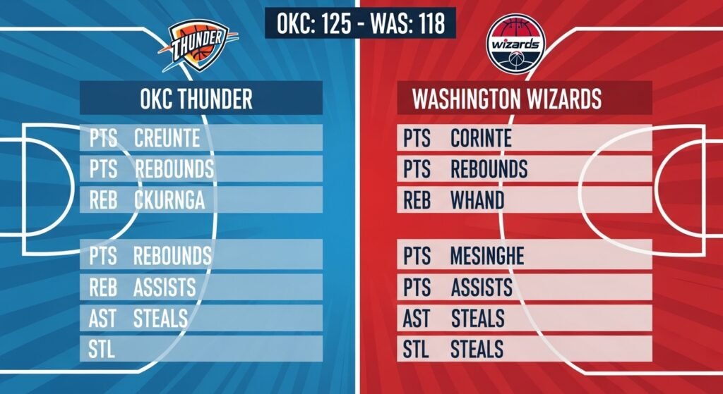 okc thunder vs washington wizards match player stats 