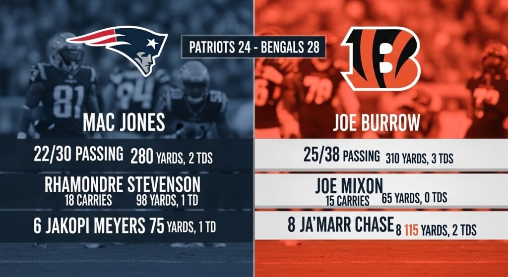 new england patriots vs bengals match player stats
